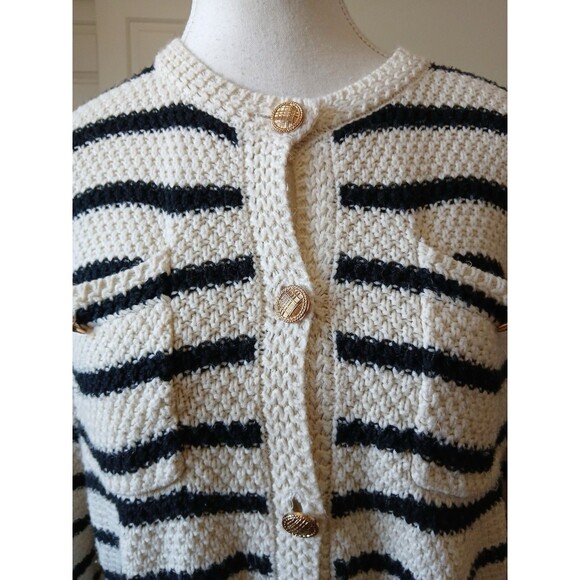 Dazy Womens Cardigan Sweater White Black Striped Size Medium Button Pockets - Picture 10 of 16